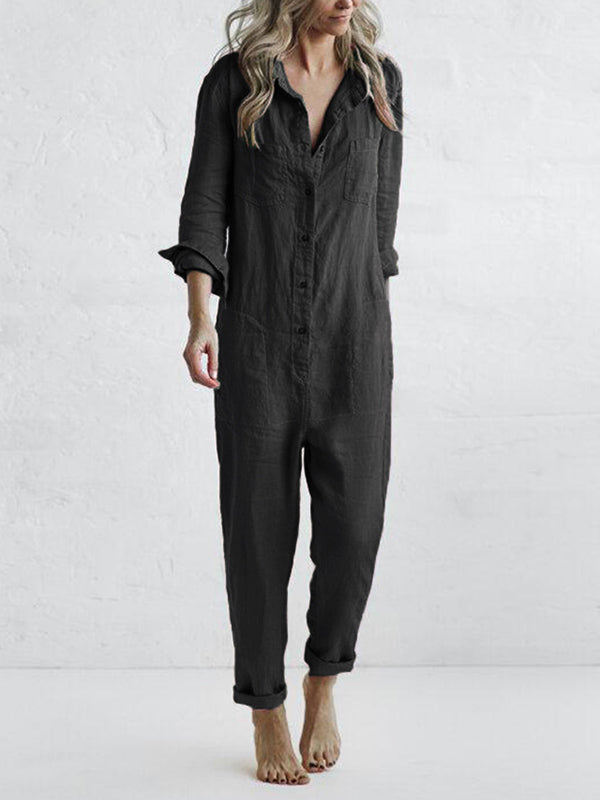 Women's long jumpsuit with vneck wrap collar and long sleeves