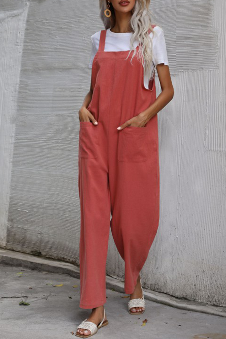 Women's casual plain pocket button straight jumpsuit