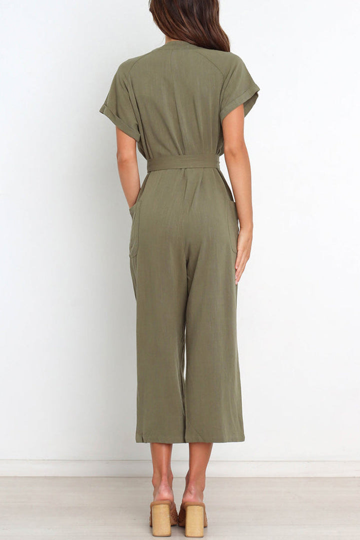 Women's v-neck button down jumpsuit with belt