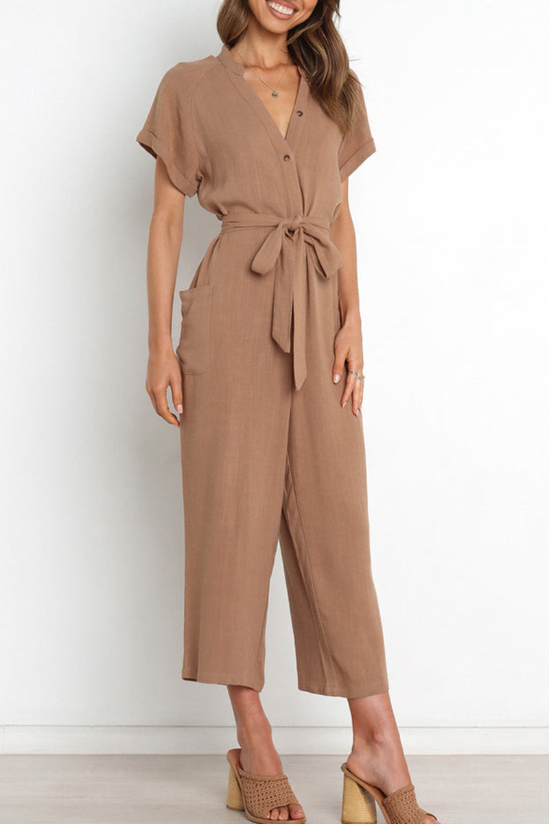 Women's v-neck button down jumpsuit with belt