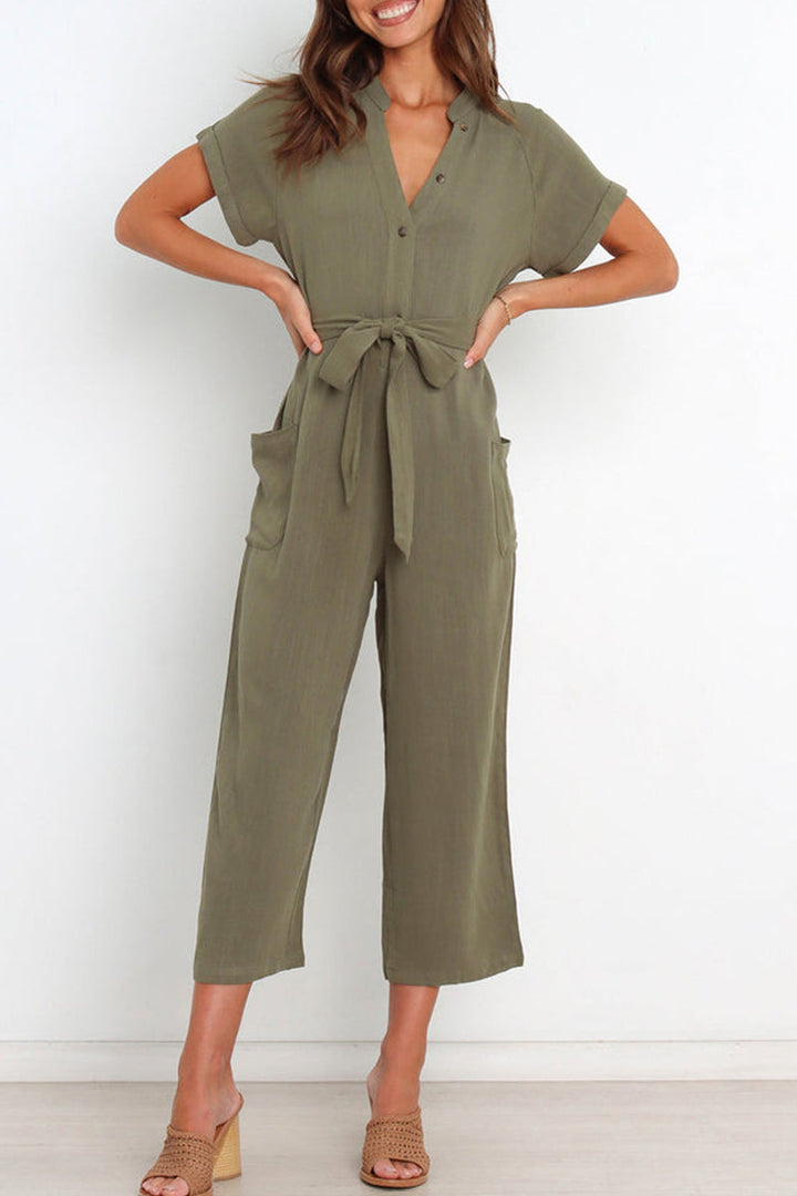 Women's v-neck button down jumpsuit with belt