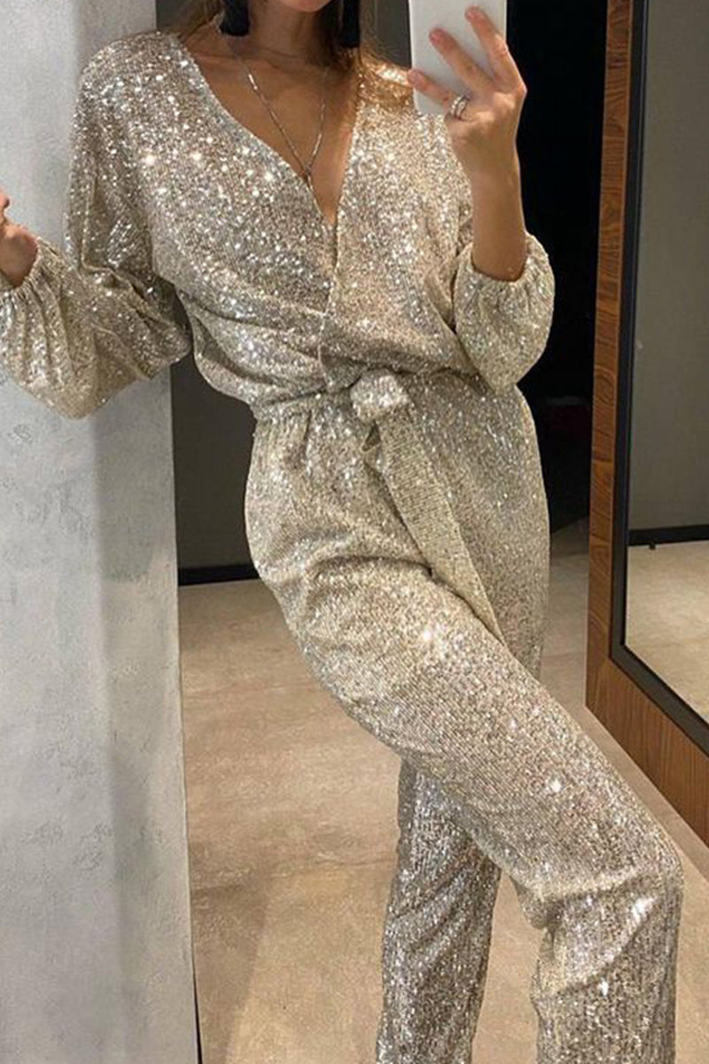 Women's bandage sequin jumpsuit with v-neck