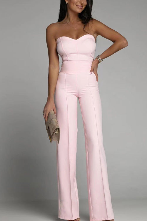 Women's Strapless Jumpsuit - Fitted Bodice - High-Waisted Flared Leg - Elegant Formal Wear