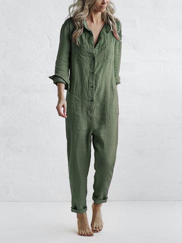 Women's Button-Up Jumpsuit with Pockets