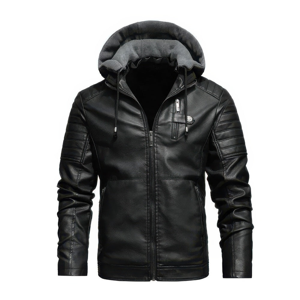 Men's casual leather hooded coat