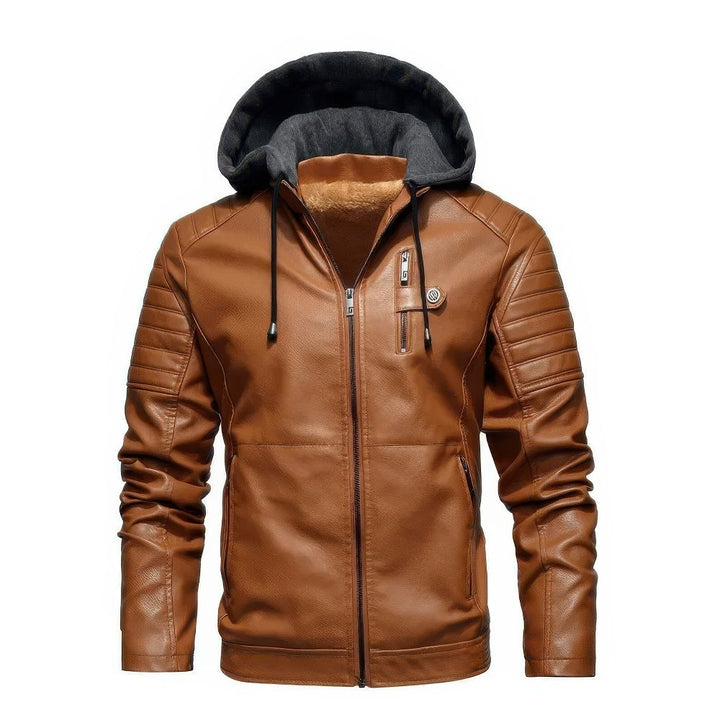 Men's casual leather hooded coat