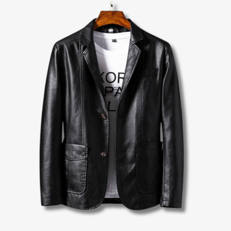 Stylish men's leather jacket with stand collar & button closure