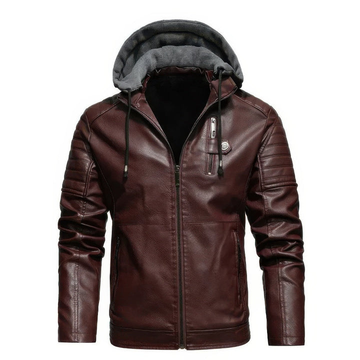 Men's casual leather hooded coat