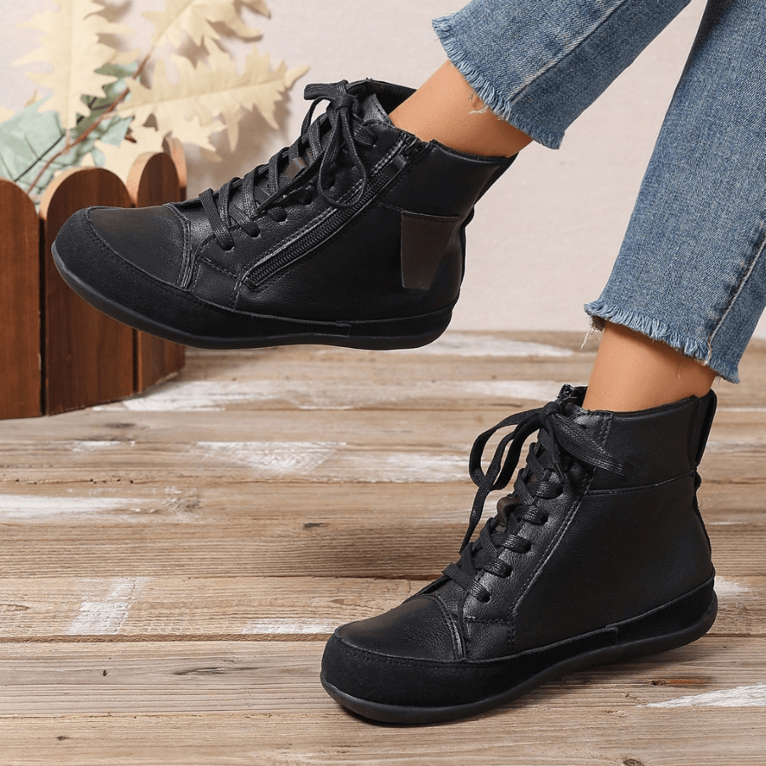 Women's Leather Ankle Boots with Side Zipper and Round Toe