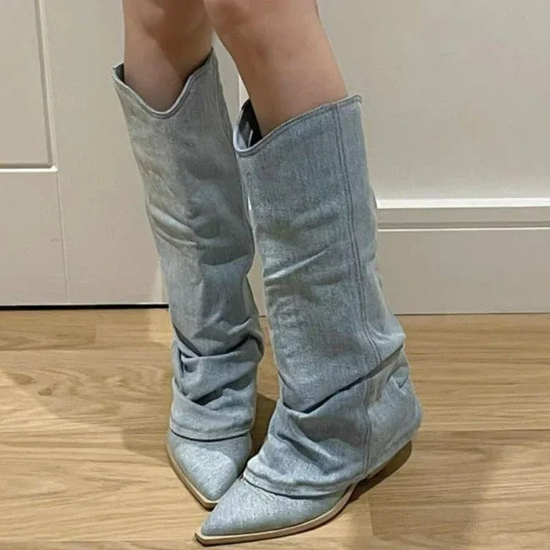 Women's Knee-High Denim Cowboy Boots