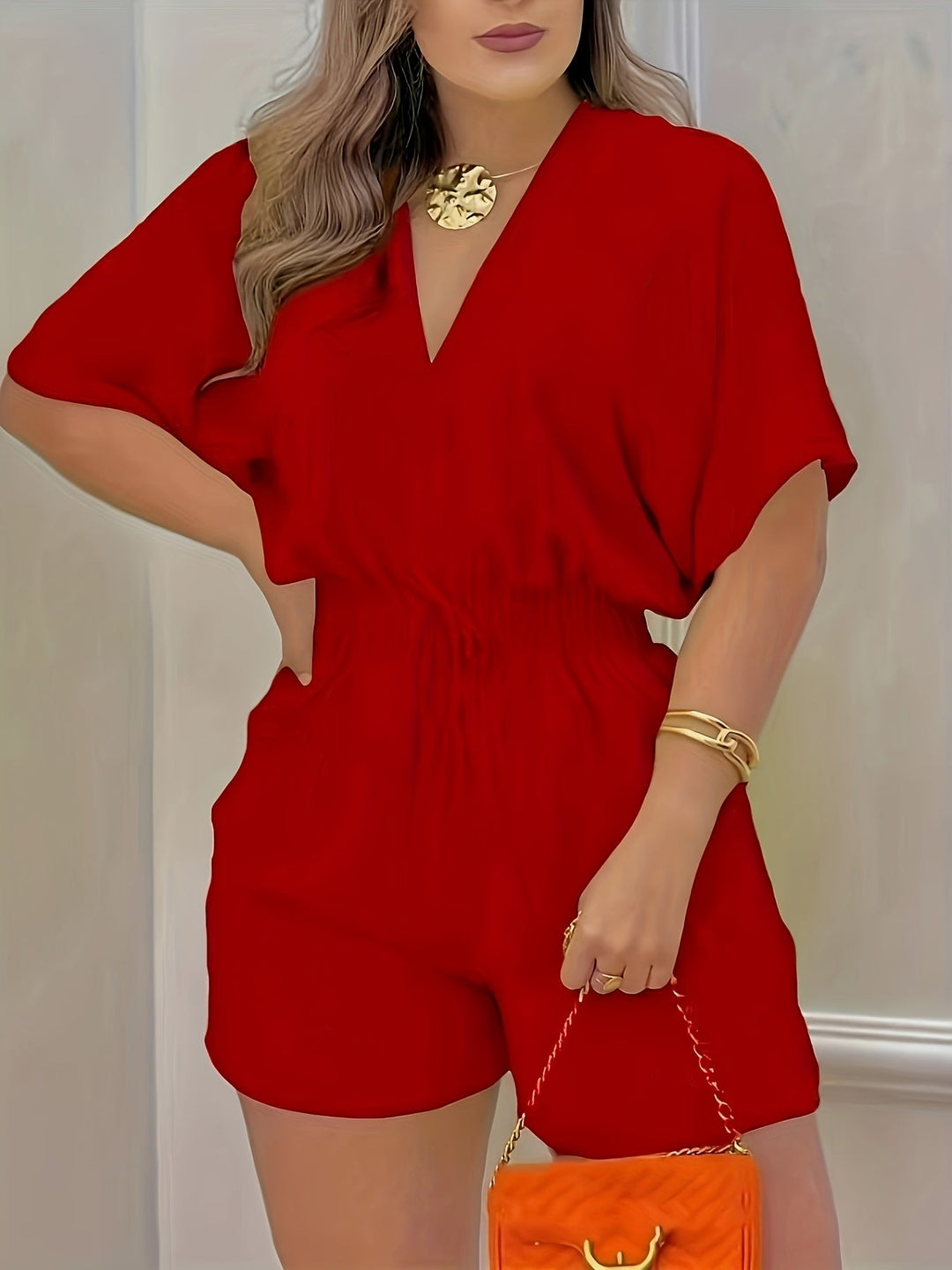 V-Neck Short Sleeve Romper - Shirred Waist Jumpsuit for Spring & Summer Women's Fashion