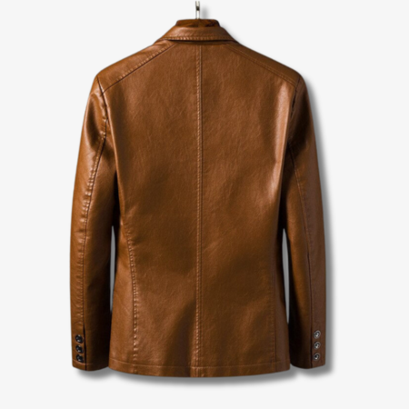 Stylish men's leather jacket with stand collar & button closure