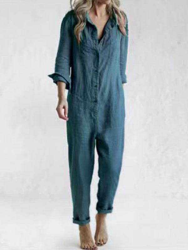 Women's Button-Up Jumpsuit with Pockets