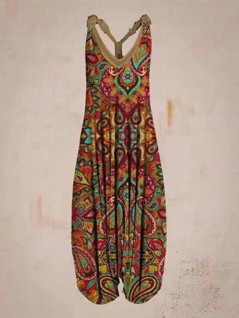 Boho sleeveless jumpsuit with ethnic style for women