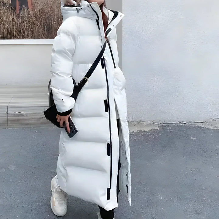 Long puffer coat with hood for women