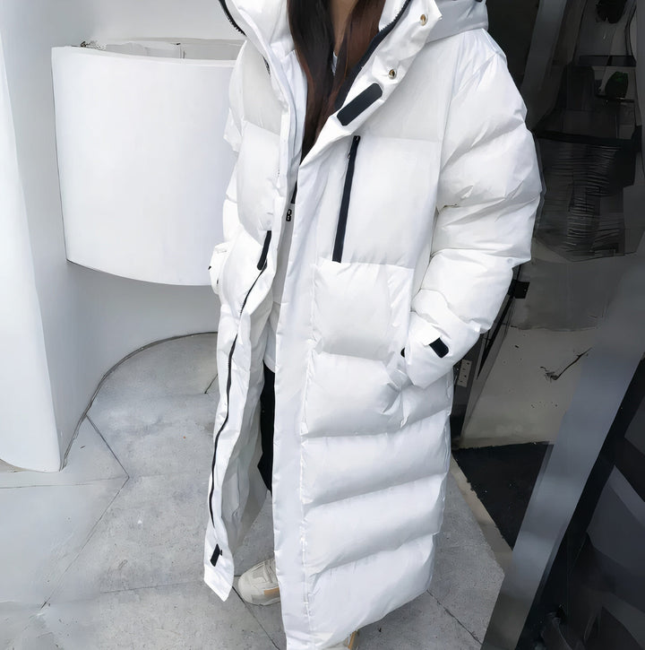 Long puffer coat with hood for women