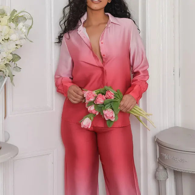 Women's Jumpsuit - Silky Satin Feel - Wide-Leg Fit - Button-Down Long Sleeve