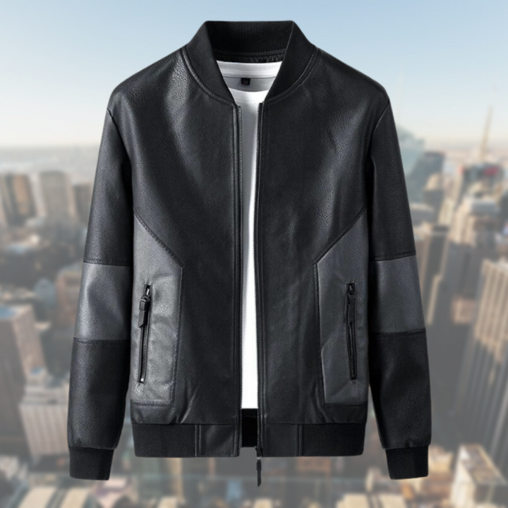 Men's casual faux leather jacket with a notched collar