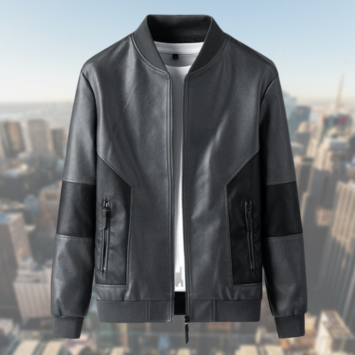 Men's casual faux leather jacket with a notched collar