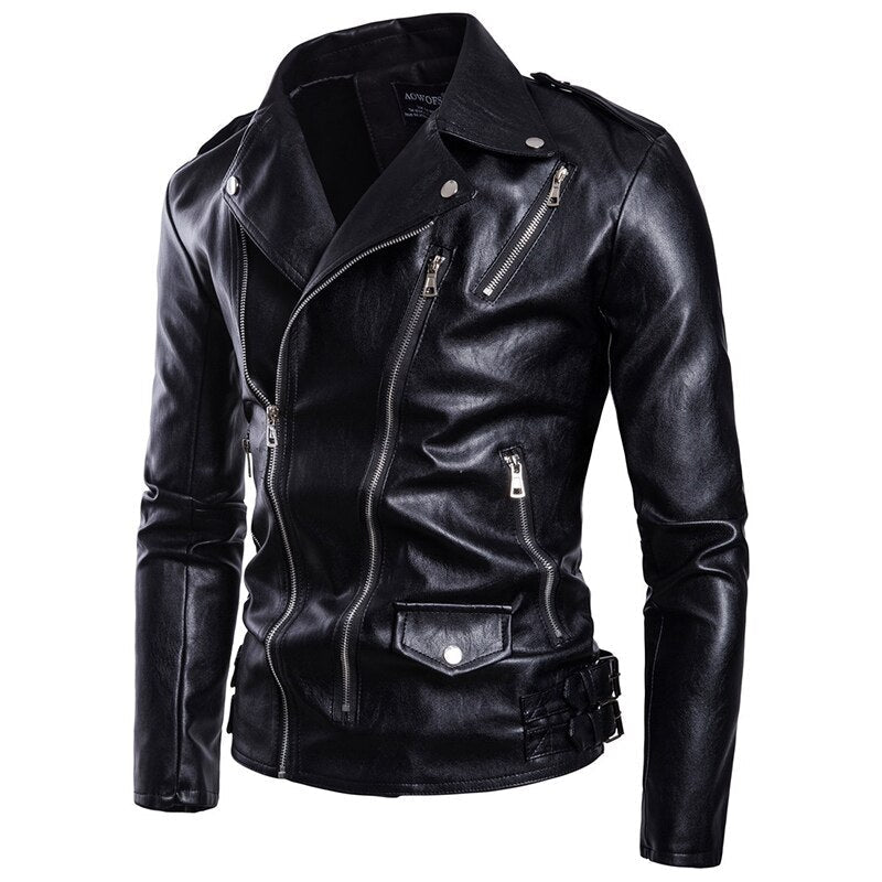 Men's motorcycle leather jacket with multiple zippers