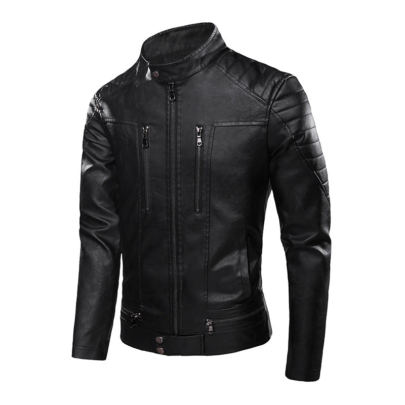 Men's casual pu leather jacket with stand-up collar