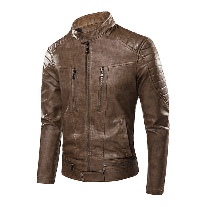 Men's casual pu leather jacket with stand-up collar