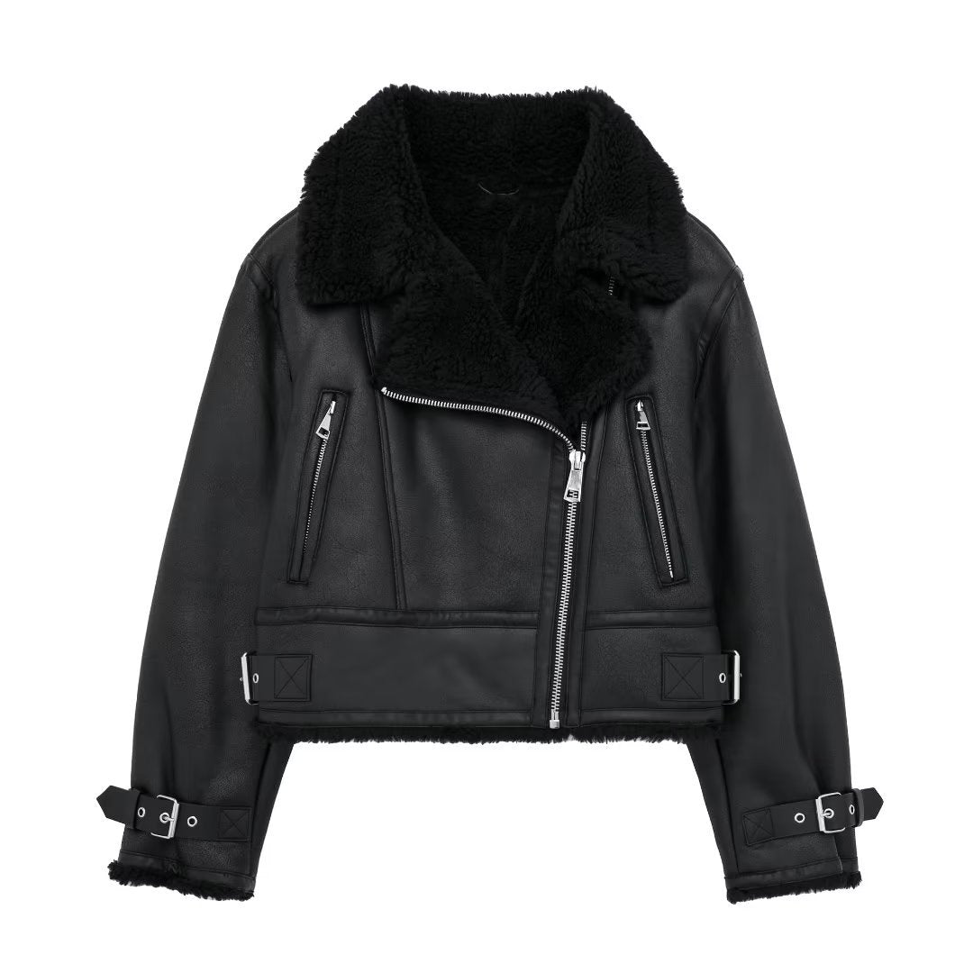 Women's pu  leather jacket with fur trim