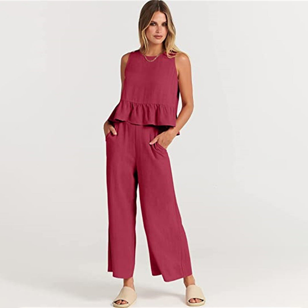 Women's Sleeveless Jumpsuit - Peplum Waist - Wide-Leg Cropped Fit - Lightweight & Breathable