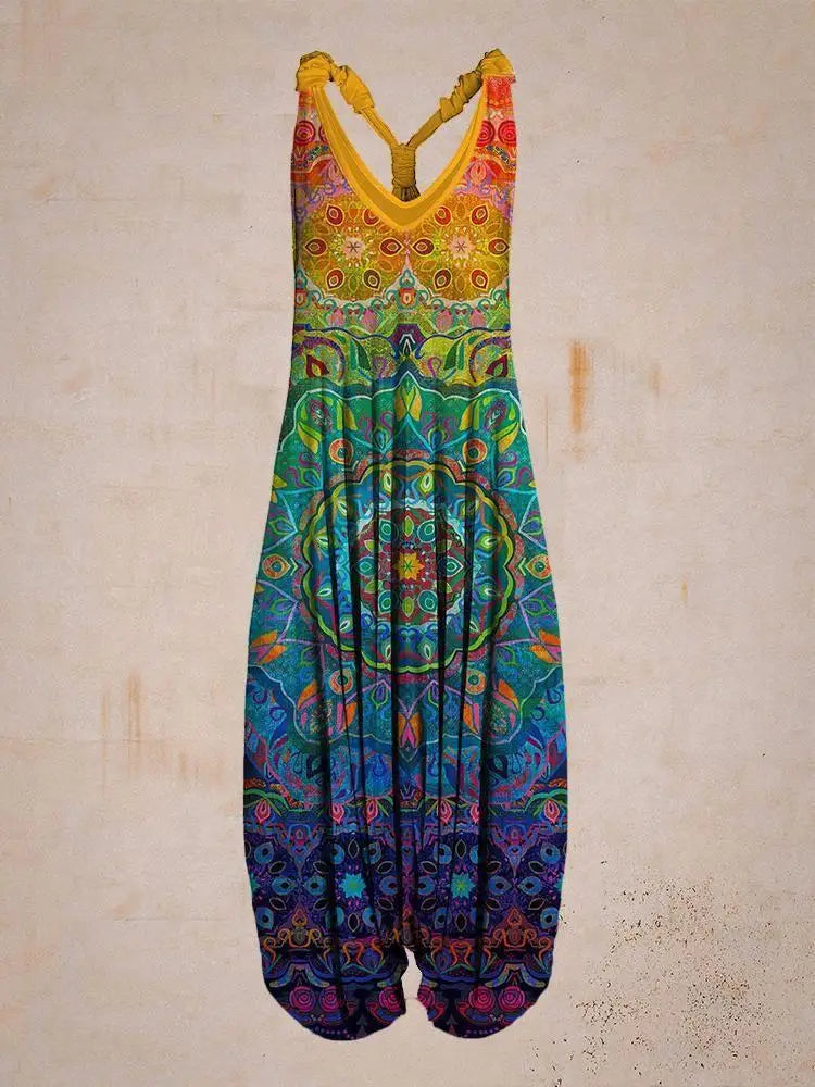 Boho sleeveless jumpsuit with ethnic style for women