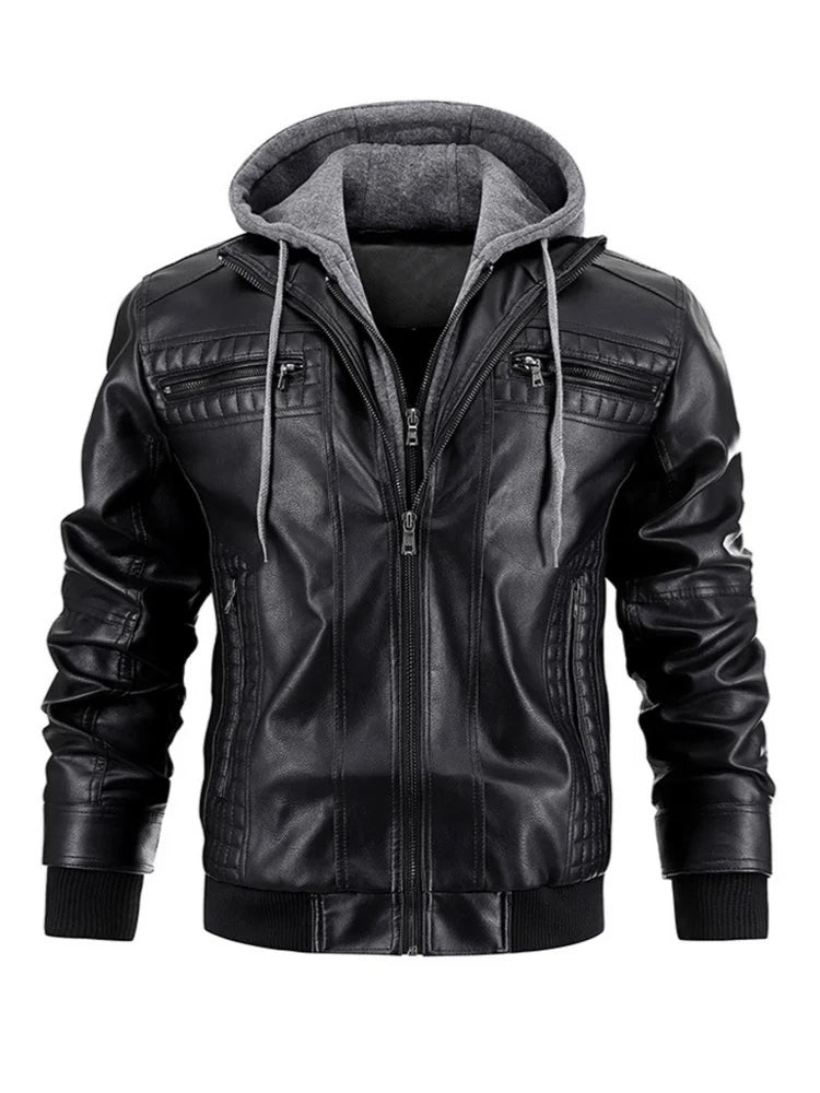 Men's leather jacket with detachable hood