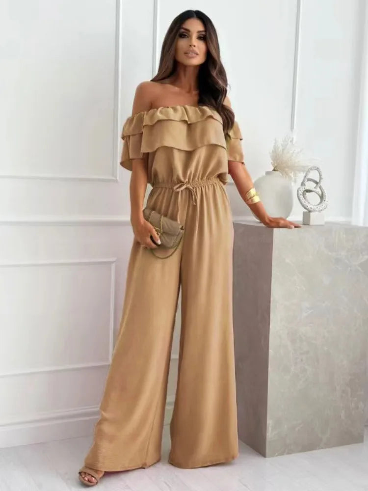 Women's Off-the-Shoulder Jumpsuit - Ruffled Neckline - Wide-Leg - Elastic Waist