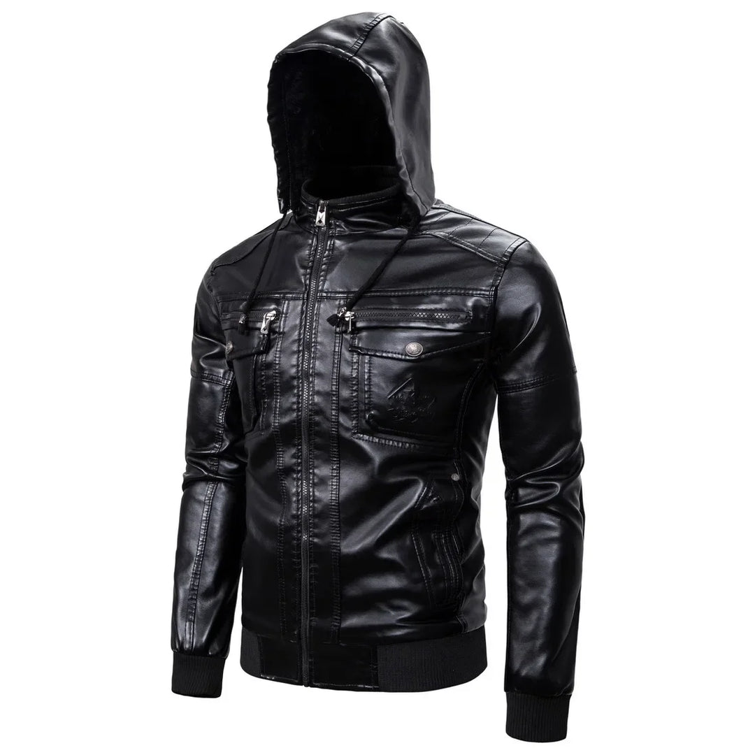 Men's pu leather jacket with a hood