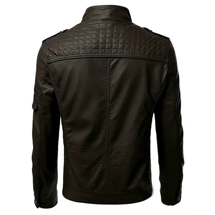 Men's leather jacket with stand collar and zipper pockets