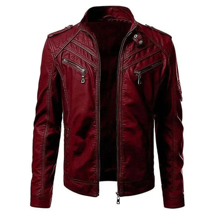 Men's leather jacket with stand collar and zipper pockets