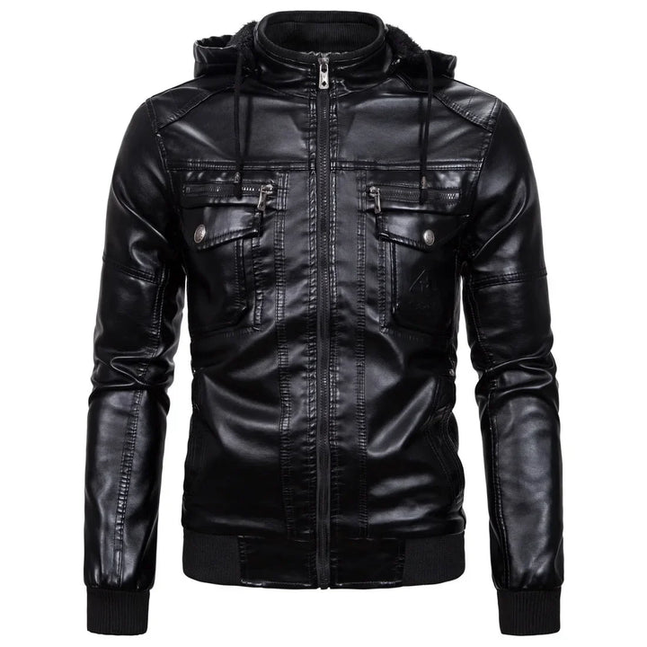 Men's pu leather jacket with a hood