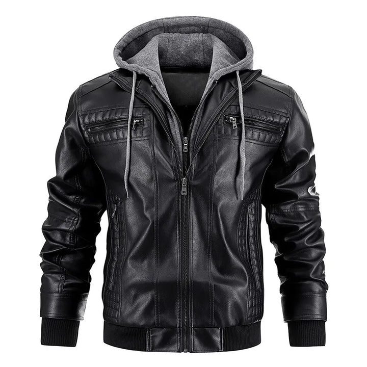 Men's leather jacket with detachable hood