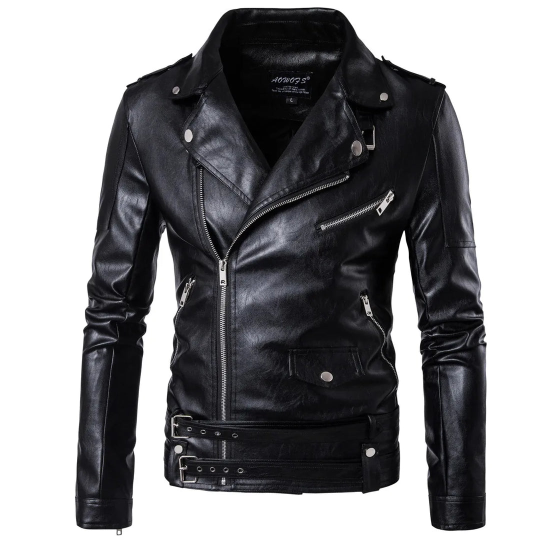 Men's casual pu leather jacket with zip & lapel collar