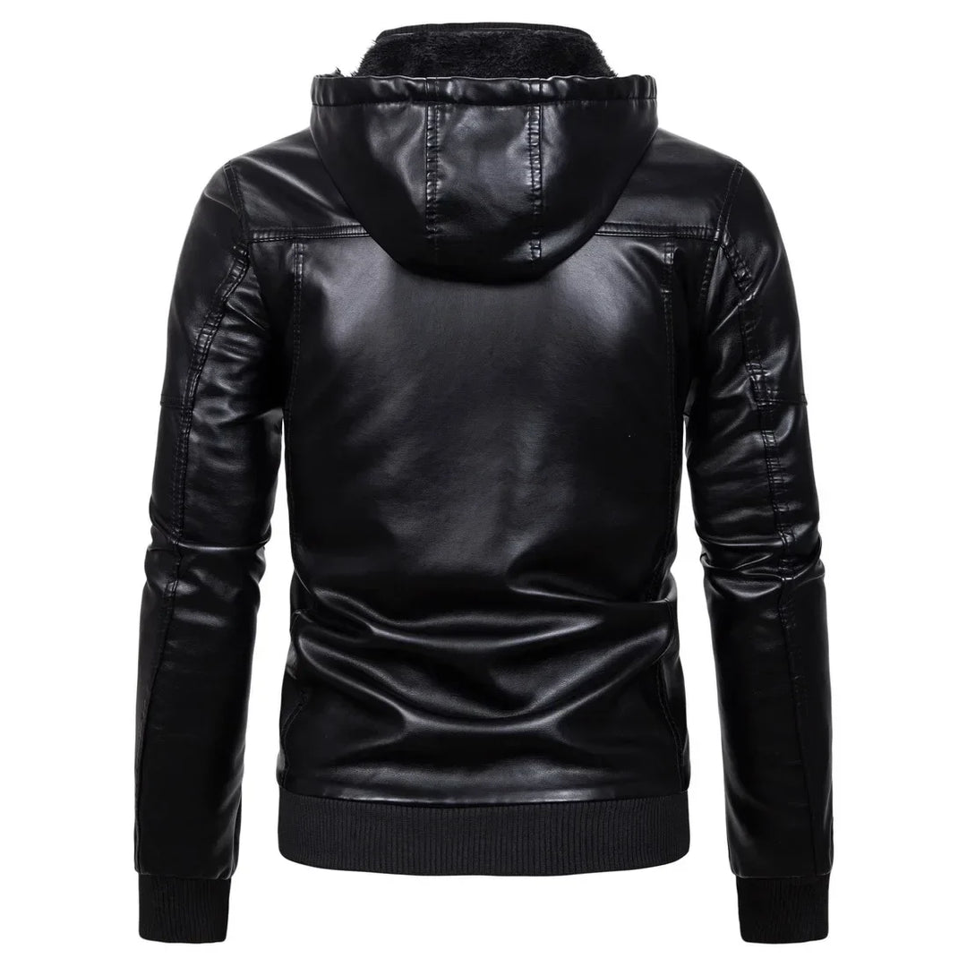 Men's pu leather jacket with a hood