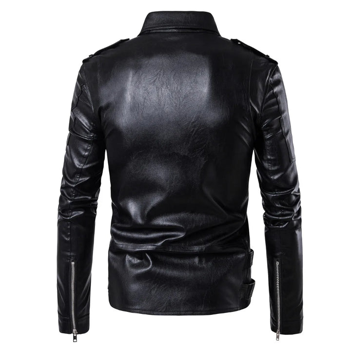 Men's casual pu leather jacket with zip & lapel collar