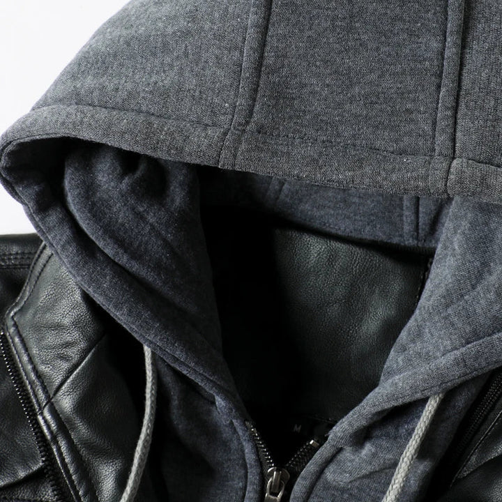 Men's leather jacket with detachable hood