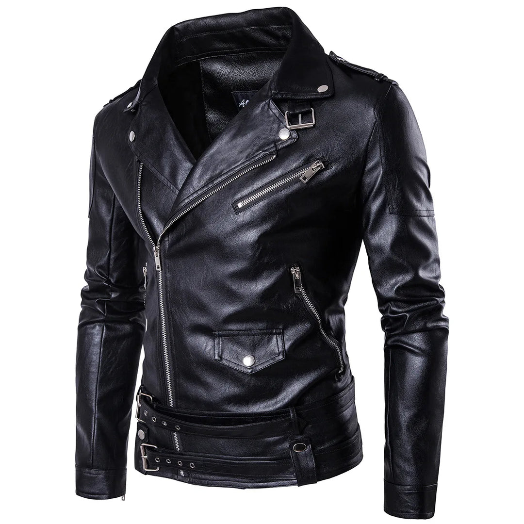 Men's casual pu leather jacket with zip & lapel collar