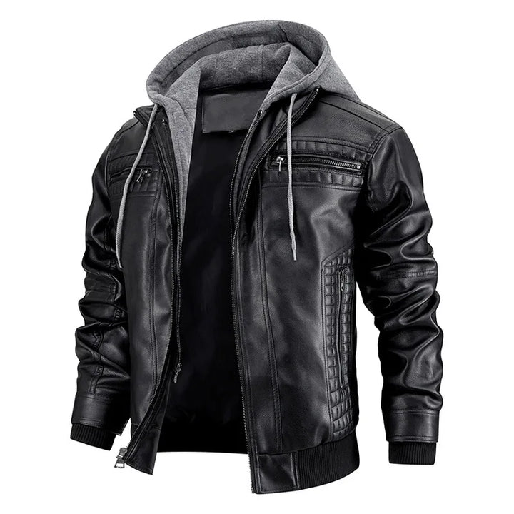 Men's leather jacket with detachable hood