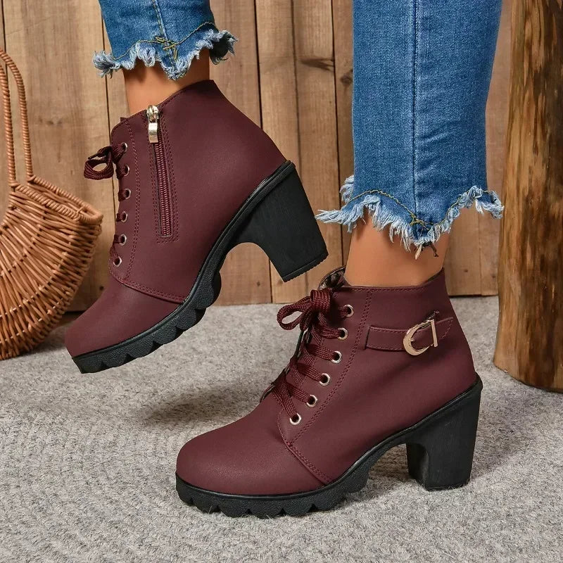 Women's High Heel Ankle Boots with Lace-Up Closure