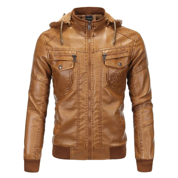 Men's pu leather jacket with a hood