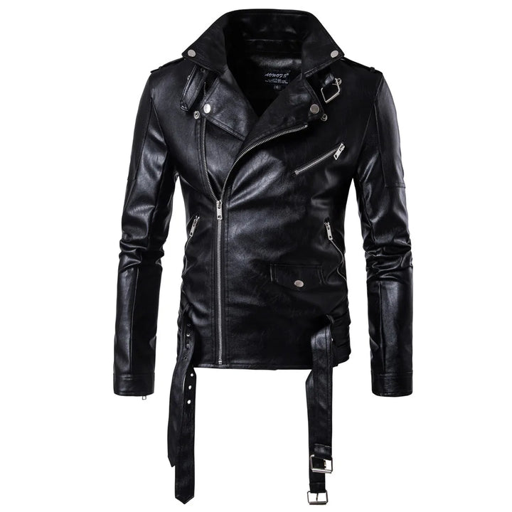 Men's casual pu leather jacket with zip & lapel collar