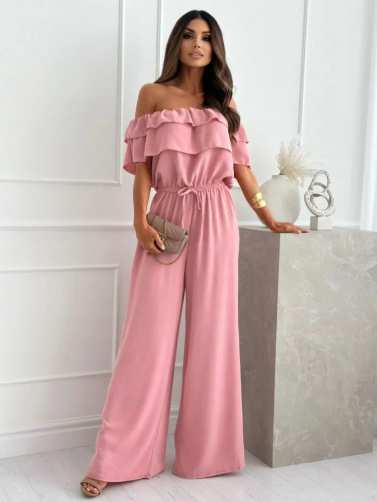 Women's Off-the-Shoulder Jumpsuit - Ruffled Neckline - Wide-Leg - Elastic Waist