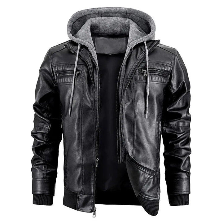 Men's leather jacket with detachable hood