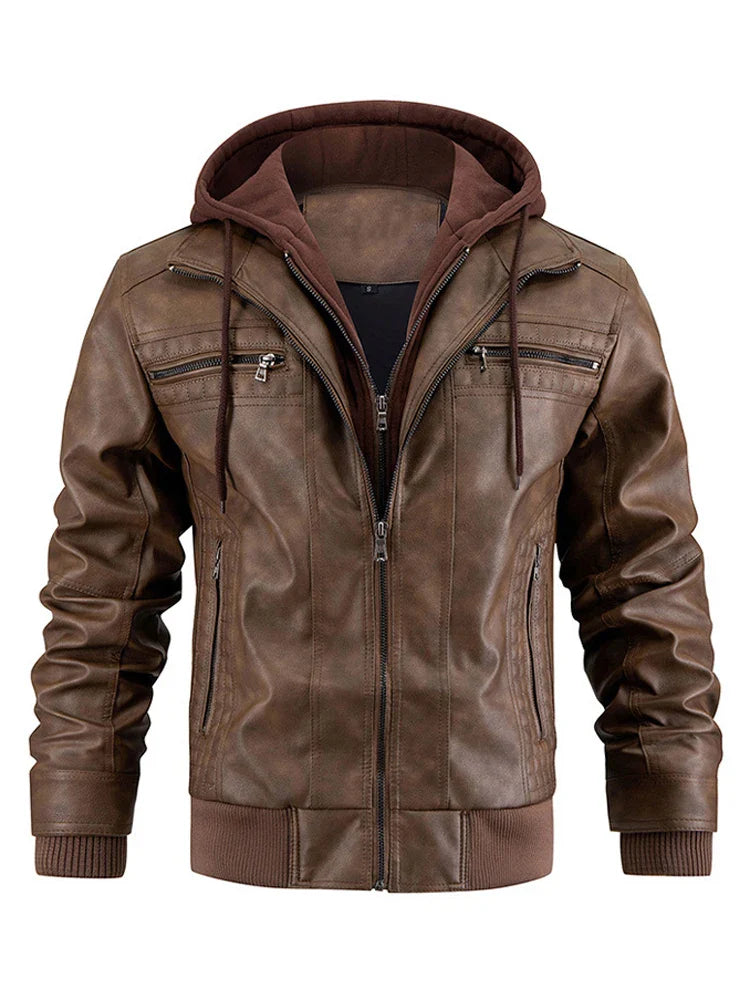 Men's leather jacket with detachable hood