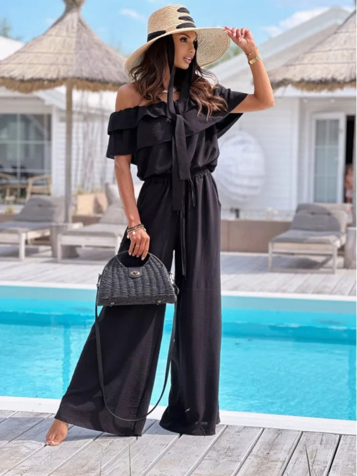 Women's Off-the-Shoulder Jumpsuit - Ruffled Neckline - Wide-Leg - Elastic Waist