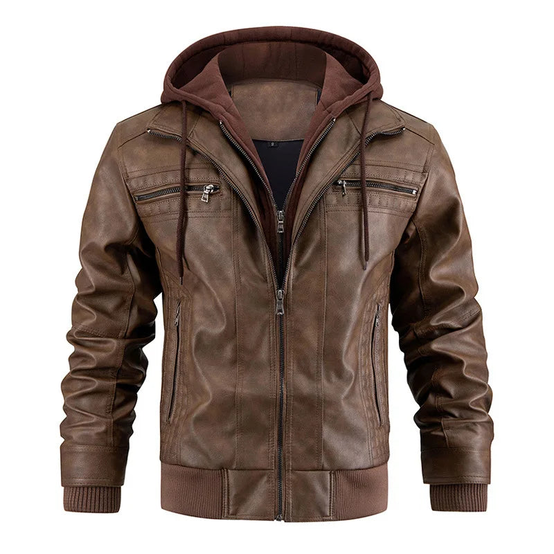 Men's leather jacket with detachable hood